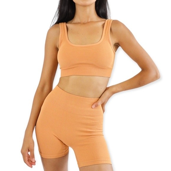 Women’s Orange Ribbed Tank Top & Biker Shorts 2-Piece Set